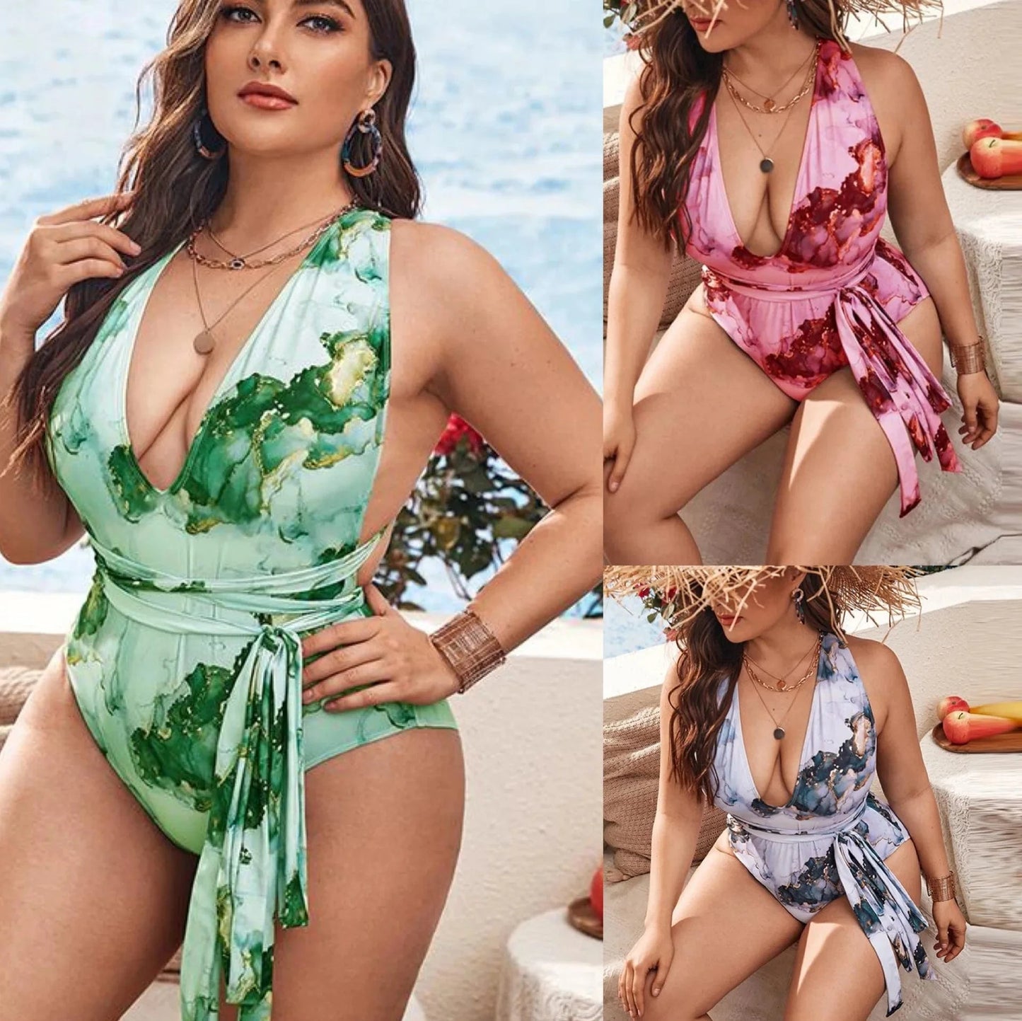 DAMOCHIC Swimwear for Plus Size Ladies High Waist Plunge One Piece Bikini Print Backless Cross Belt Large Swimsuit for Fat Women