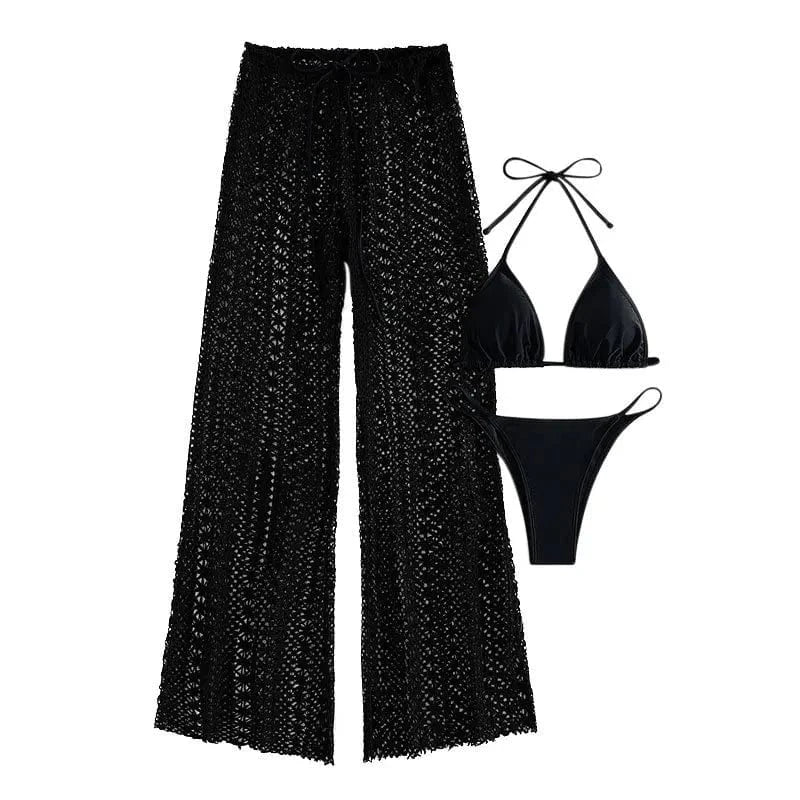 DAMOCHIC Three-piece set Swimwear Summer Halter&Lace up Backless Bikini Solid color Hollow out pants Beachwear 2023