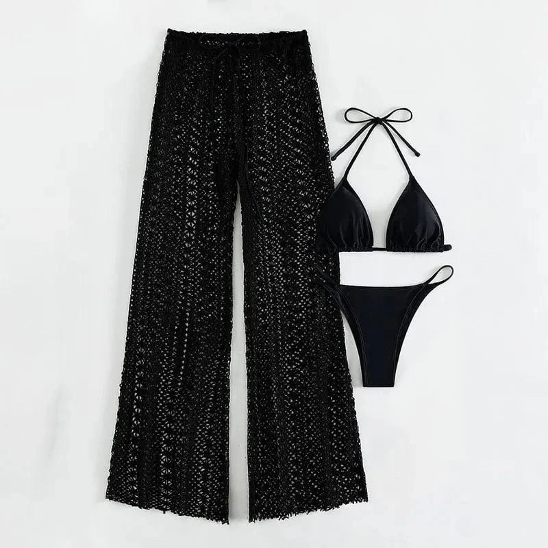 DAMOCHIC Three-piece set Swimwear Summer Halter&Lace up Backless Bikini Solid color Hollow out pants Beachwear 2023