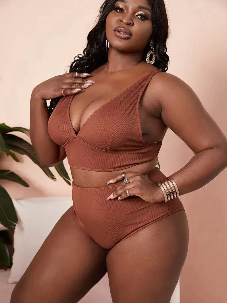 DAMOCHIC Two Piece Ribbed Swimwear Large High Waist Push Up V Neck Beach Wear for Fat Women Plus Size Swim Suits Bikini Set 2023