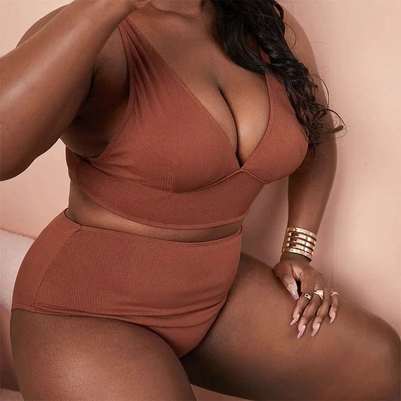 DAMOCHIC Two Piece Ribbed Swimwear Large High Waist Push Up V Neck Beach Wear for Fat Women Plus Size Swim Suits Bikini Set 2023