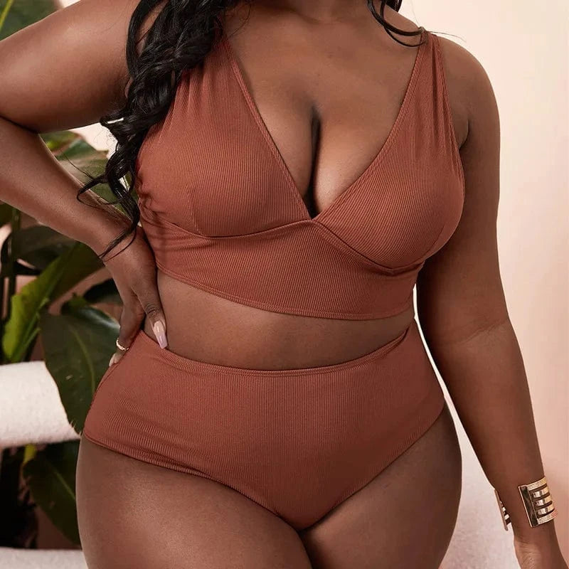DAMOCHIC Two Piece Ribbed Swimwear Large High Waist Push Up V Neck Beach Wear for Fat Women Plus Size Swim Suits Bikini Set 2023