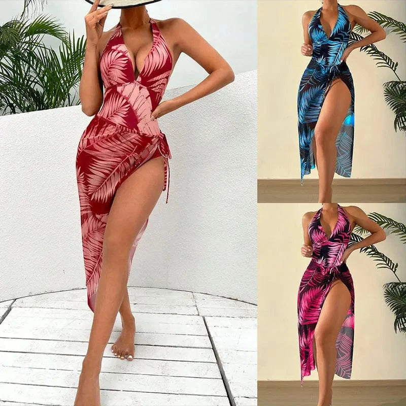 DAMOCHIC Wholesale Cardigan backless swimsuit for women Summer Halter&Lace up Bathing Suit Backless Stamp Beachwear 2023