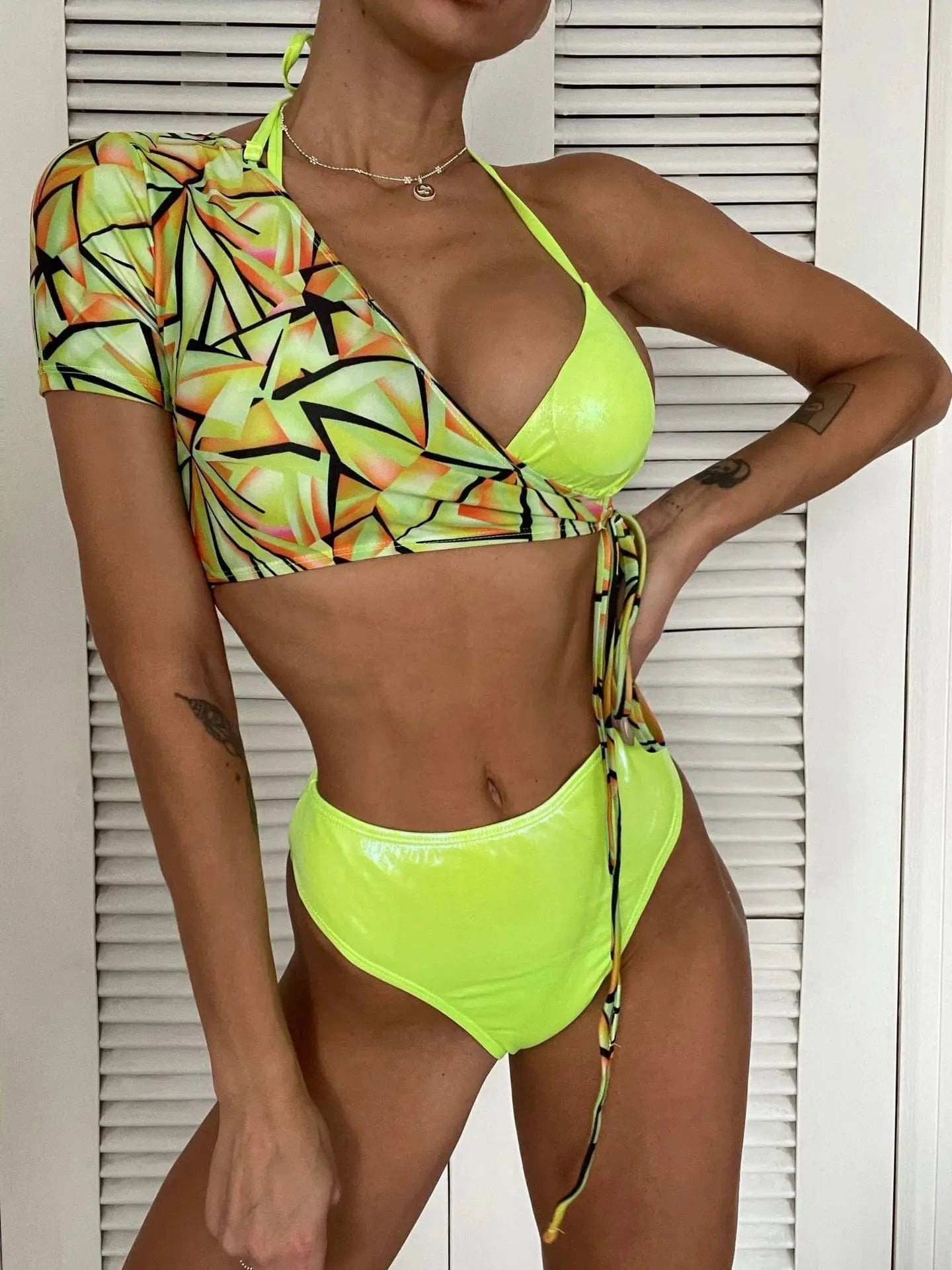 DAMOCHIC Wholesale Fluorescent Green Swimsuit Summer Sexy Three Piece Set Bikini Halter Bathing Suit Swimwear Beachwear 2023
