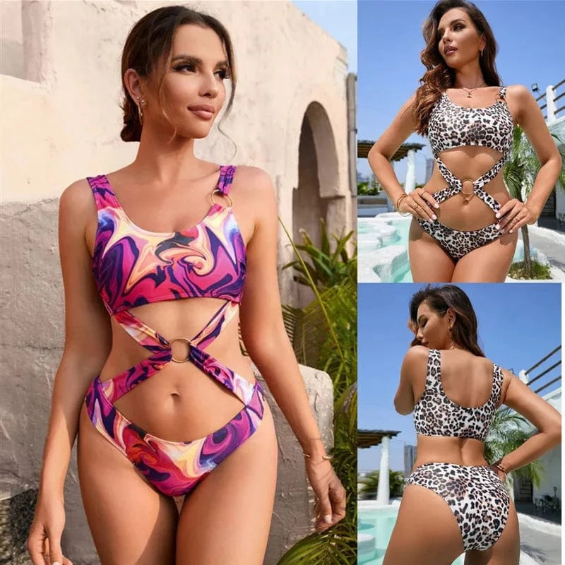 DAMOCHIC Wholesale Leopard print One-piece Swimsuit Summer High Leg Monokini Bikini Ring bandage Bathing Suit for women 2023