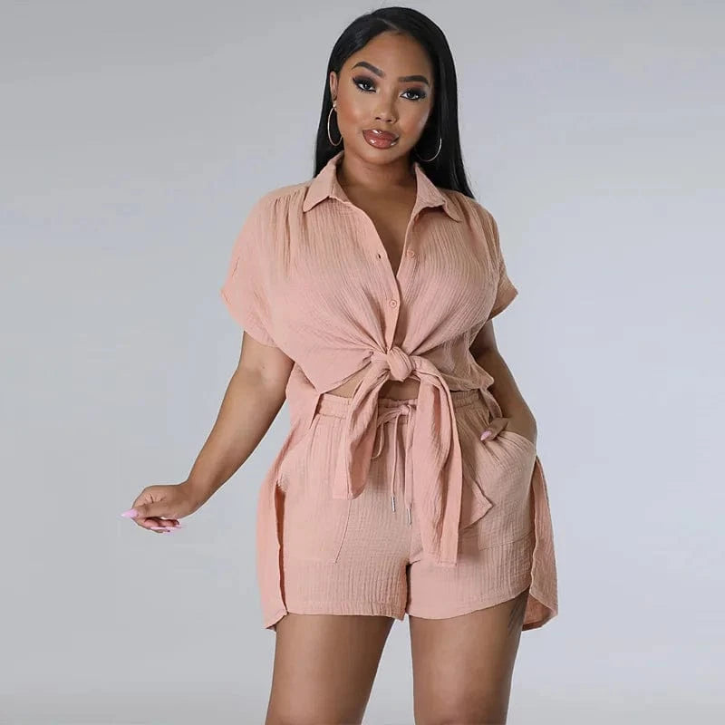 DAMOCHIC Wholesale Matching Sets Women Loose Solid Color Ladies Clothing Shirt Tops and Shorts Two Piece Set Summer 2023