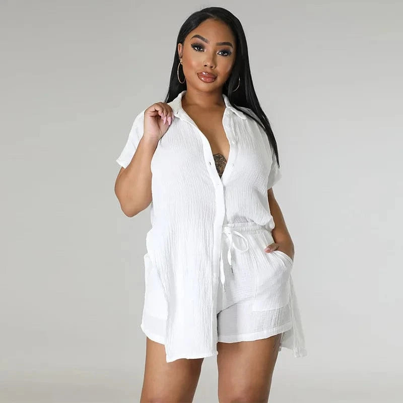 DAMOCHIC Wholesale Matching Sets Women Loose Solid Color Ladies Clothing Shirt Tops and Shorts Two Piece Set Summer 2023