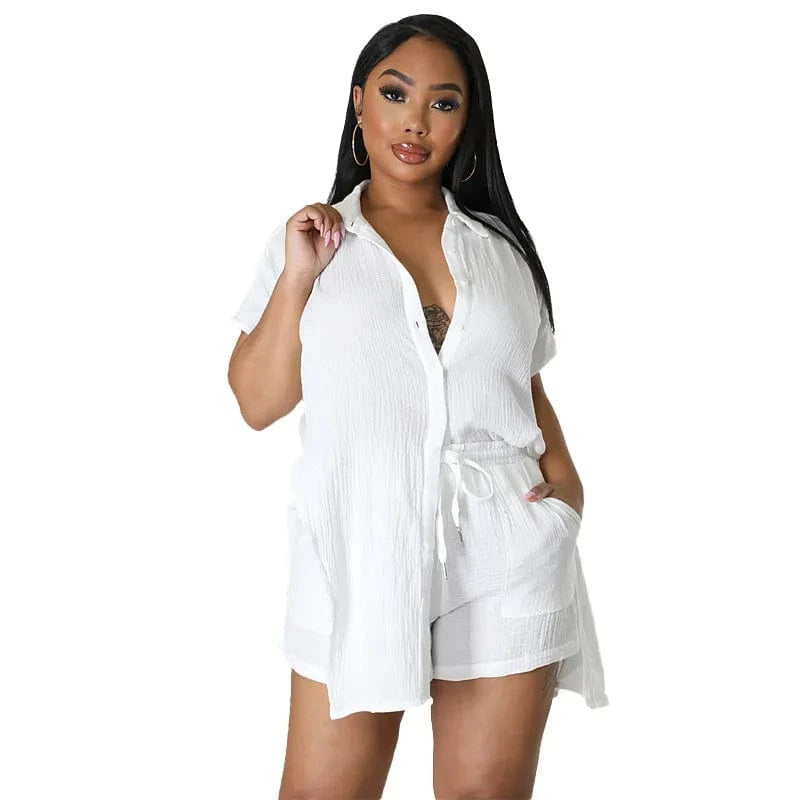 DAMOCHIC Wholesale Matching Sets Women Loose Solid Color Ladies Clothing Shirt Tops and Shorts Two Piece Set Summer 2023