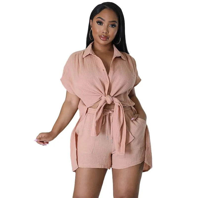DAMOCHIC Wholesale Matching Sets Women Loose Solid Color Ladies Clothing Shirt Tops and Shorts Two Piece Set Summer 2023