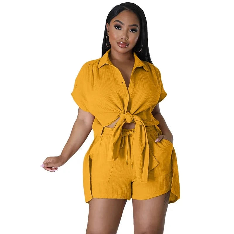 DAMOCHIC Wholesale Matching Sets Women Loose Solid Color Ladies Clothing Shirt Tops and Shorts Two Piece Set Summer 2023