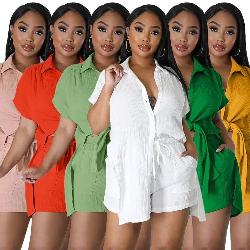 DAMOCHIC Wholesale Matching Sets Women Loose Solid Color Ladies Clothing Shirt Tops and Shorts Two Piece Set Summer 2023