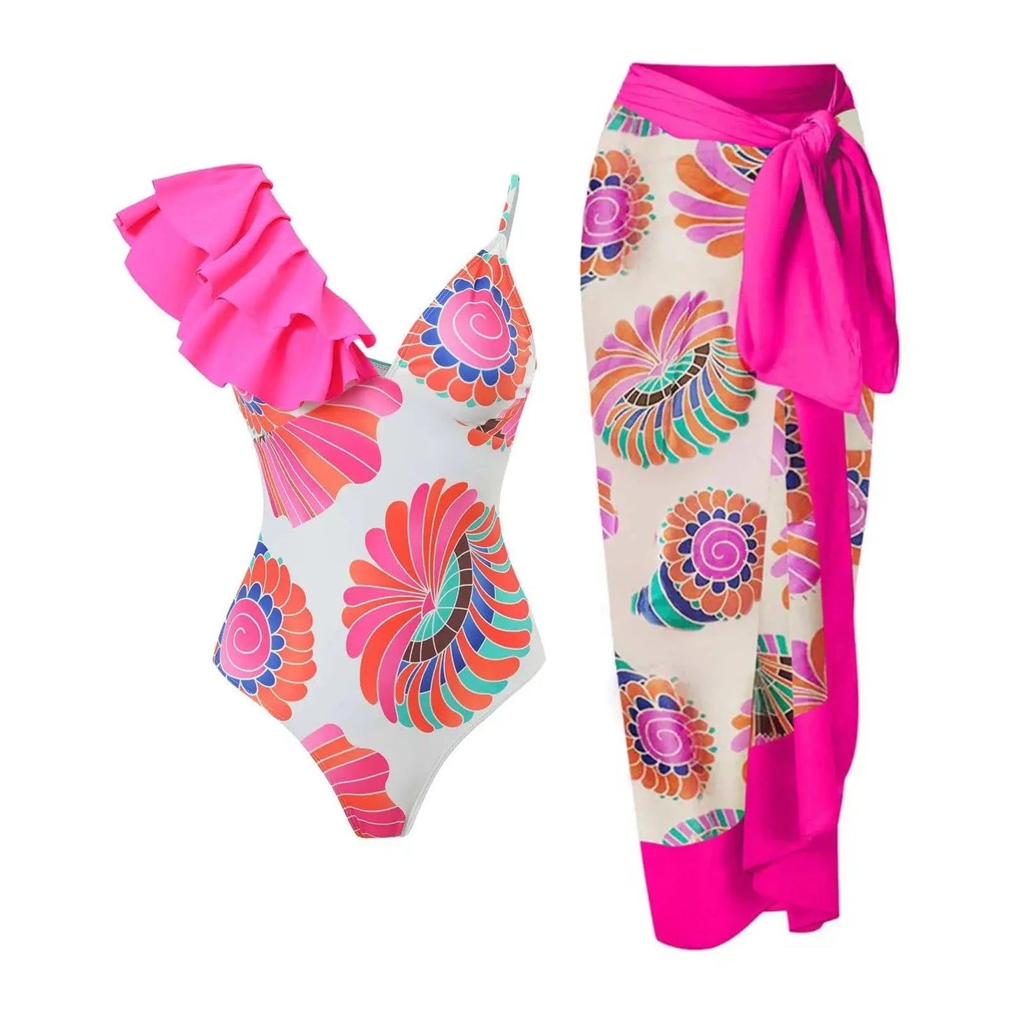 DAMOCHIC Wholesale One Piece Swimsuit Floral Print Bathing Suit 1 Piece with Sarong Beach Cove Up Custom Swimwear Beachwear 2023