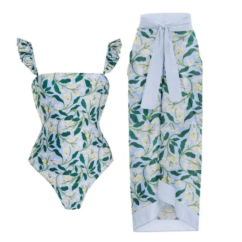 DAMOCHIC Wholesale One Piece Swimsuit Floral Print Bathing Suit 1 Piece with Sarong Beach Cove Up Custom Swimwear Beachwear 2023