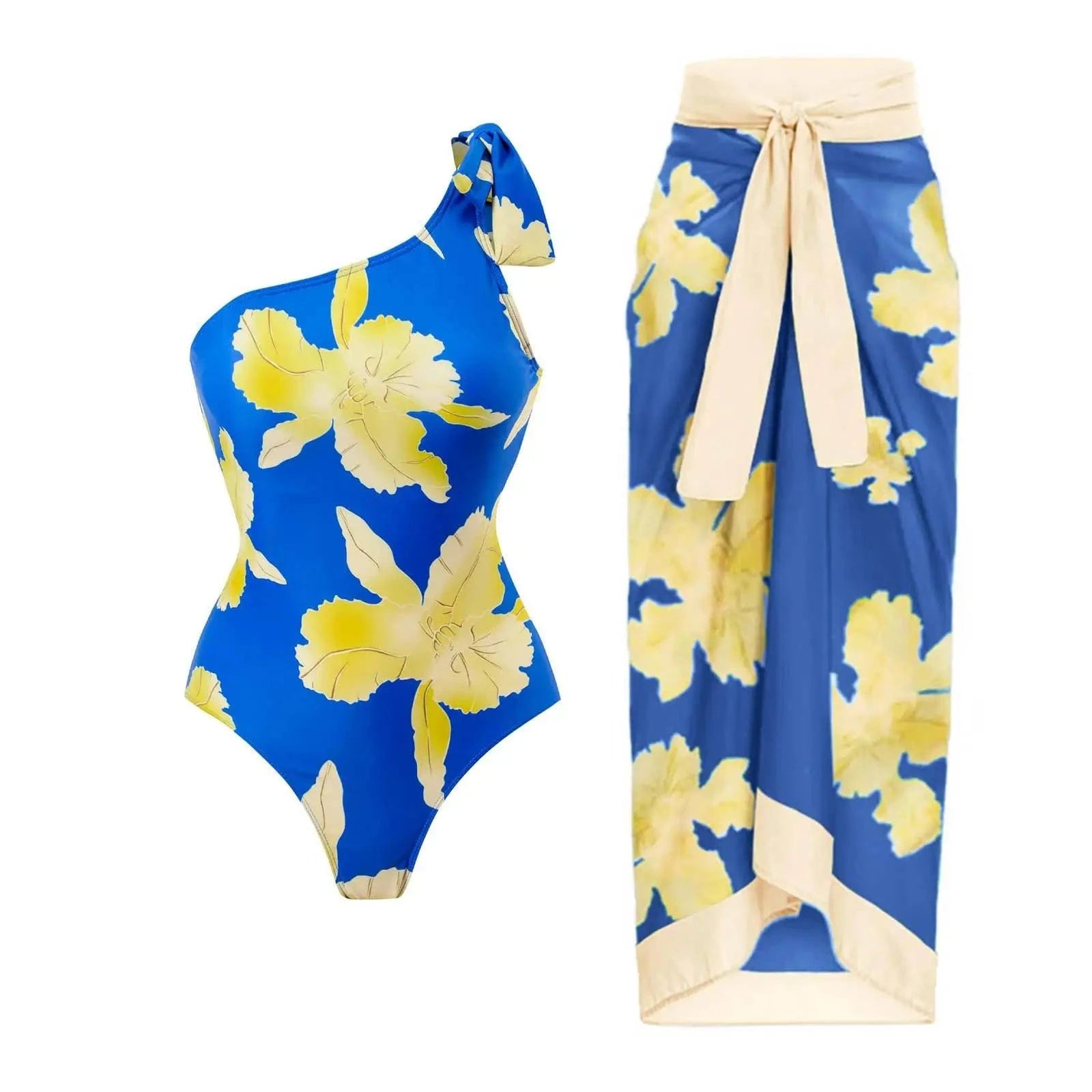 DAMOCHIC Wholesale One Piece Swimsuit Floral Print Bathing Suit 1 Piece with Sarong Beach Cove Up Custom Swimwear Beachwear 2023