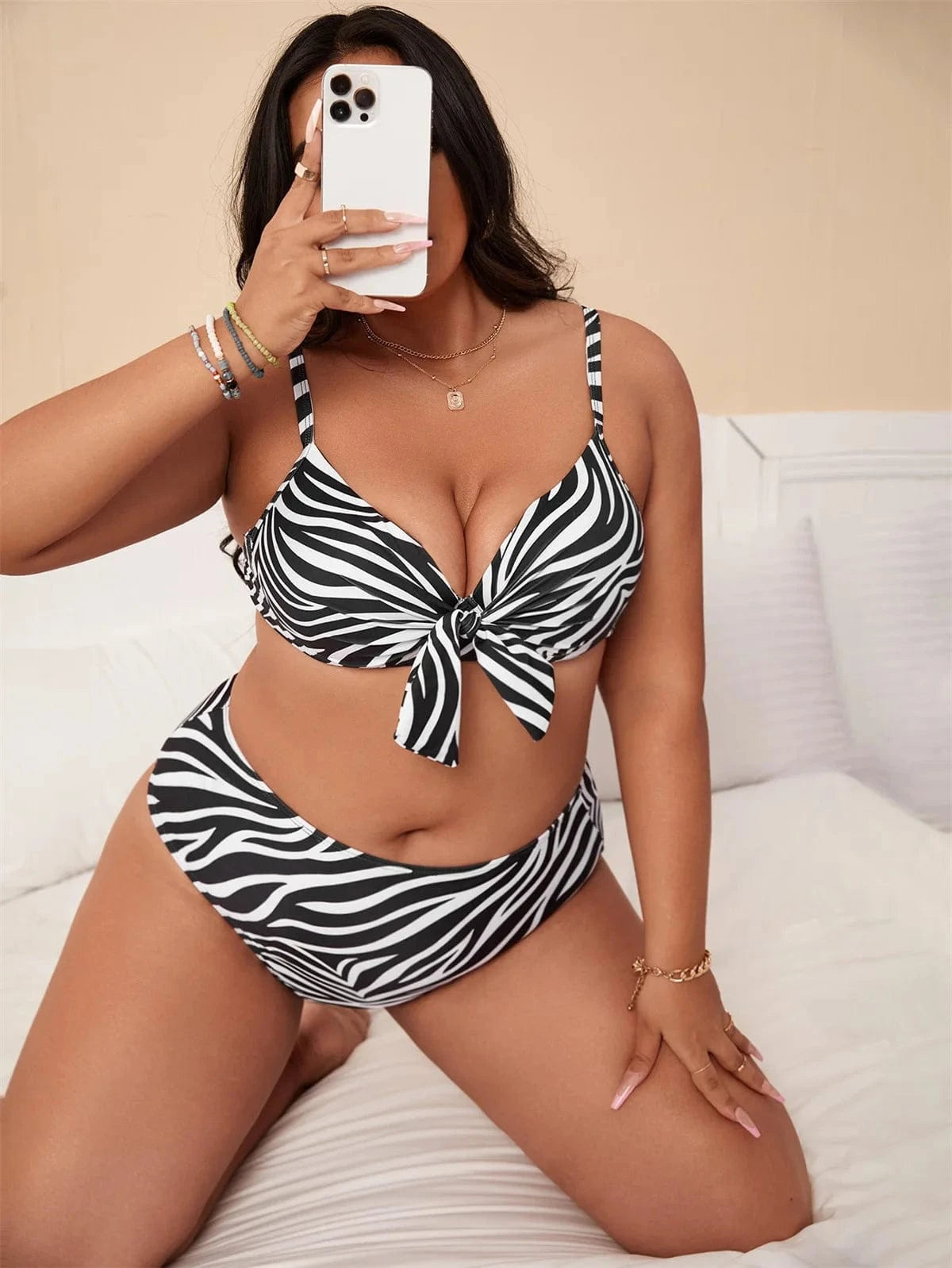 DAMOCHIC Wholesale Plus Size Swimsuit for women Summer Striped print knotted at chest Bikini High-Waisted Bathing Suit 2023