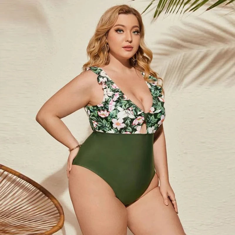 DAMOCHIC Wholesale Printed Women Large Bikini One Piece Swimsuit Big Bust Ruffled Shoulder Plunge Neck Floral Plus Size Swimwear