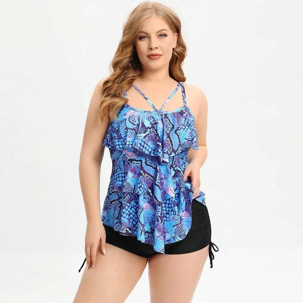 DAMOCHIC Wholesale Private Plus size swimsuit for women 2023 Summer Split bikini with Lotus leaf edge Stamp Tankinis Sets