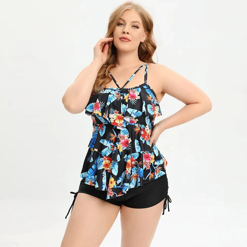 DAMOCHIC Wholesale Private Plus size swimsuit for women 2023 Summer Split bikini with Lotus leaf edge Stamp Tankinis Sets