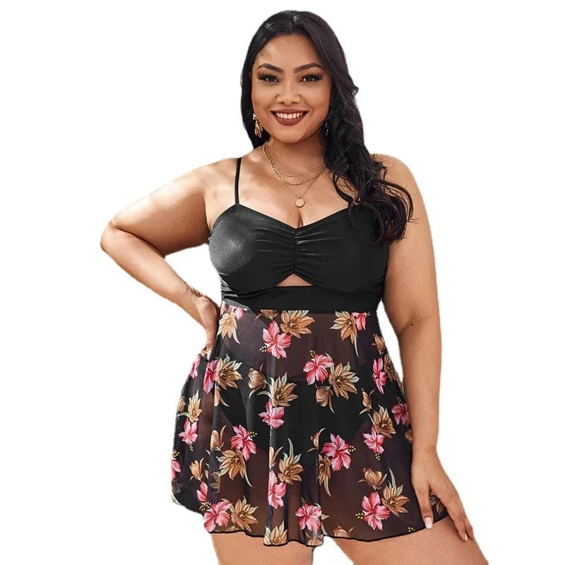 DAMOCHIC Wholesale Swimsuit for Fat Women Summer Floral Print Mesh Hide Belly Bikini Set Plus Size Beach Wear Tankini Set 2023