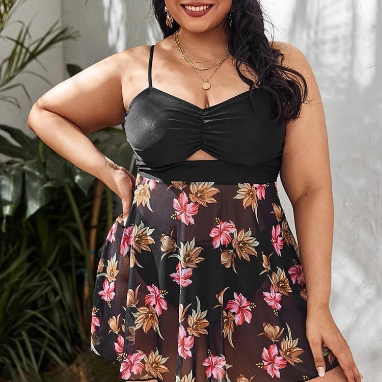 DAMOCHIC Wholesale Swimsuit for Fat Women Summer Floral Print Mesh Hide Belly Bikini Set Plus Size Beach Wear Tankini Set 2023