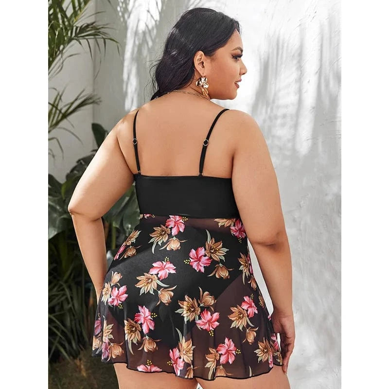 DAMOCHIC Wholesale Swimsuit for Fat Women Summer Floral Print Mesh Hide Belly Bikini Set Plus Size Beach Wear Tankini Set 2023