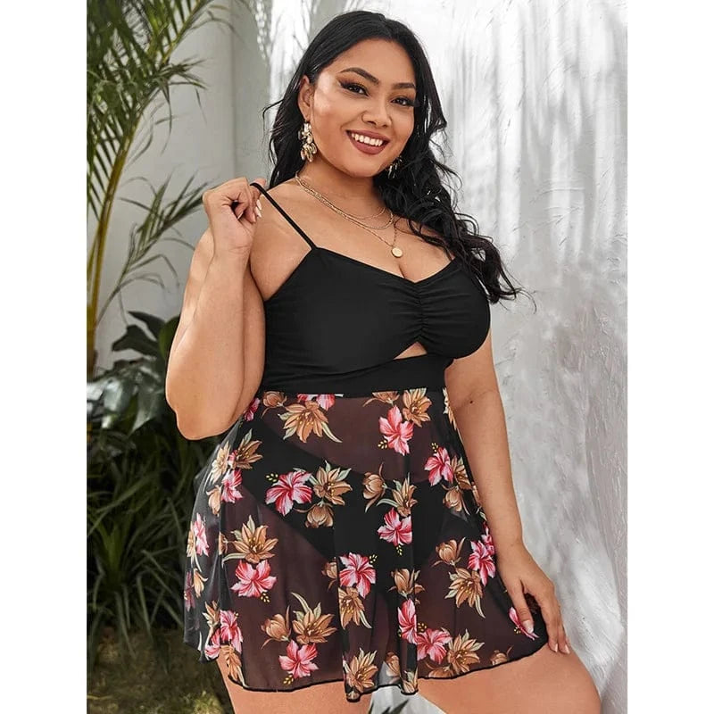 DAMOCHIC Wholesale Swimsuit for Fat Women Summer Floral Print Mesh Hide Belly Bikini Set Plus Size Beach Wear Tankini Set 2023
