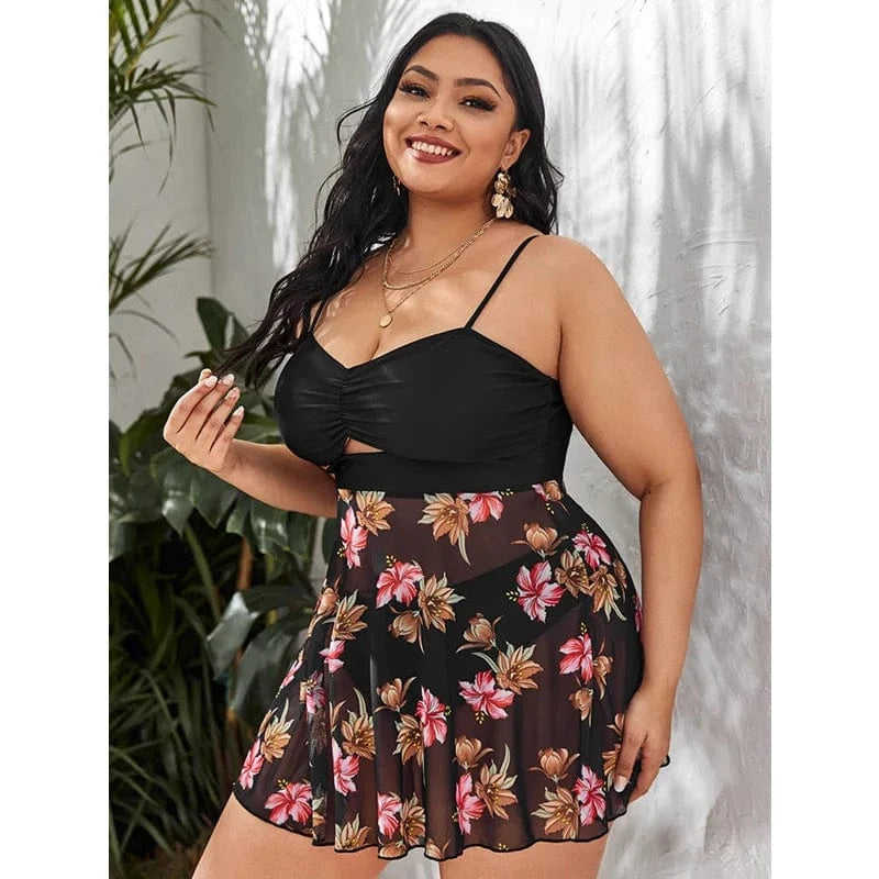 DAMOCHIC Wholesale Swimsuit for Fat Women Summer Floral Print Mesh Hide Belly Bikini Set Plus Size Beach Wear Tankini Set 2023