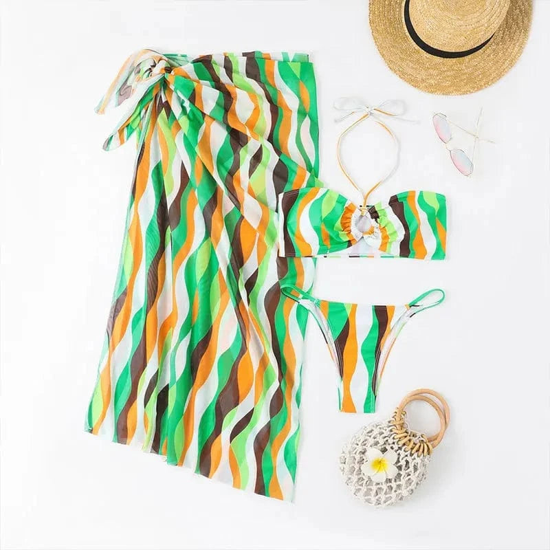 DAMOCHIC Wholesale Three-piece set Swimsuit Summer Halter&Lace up Beachwear Backless Stripes Bathing Suit for ladies 2023