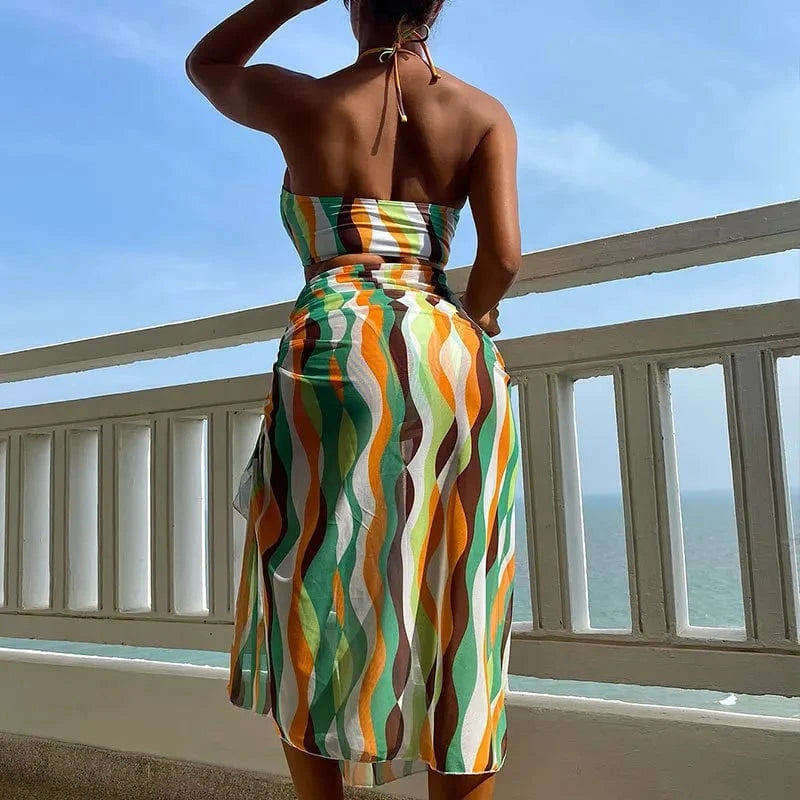 DAMOCHIC Wholesale Three-piece set Swimsuit Summer Halter&Lace up Beachwear Backless Stripes Bathing Suit for ladies 2023