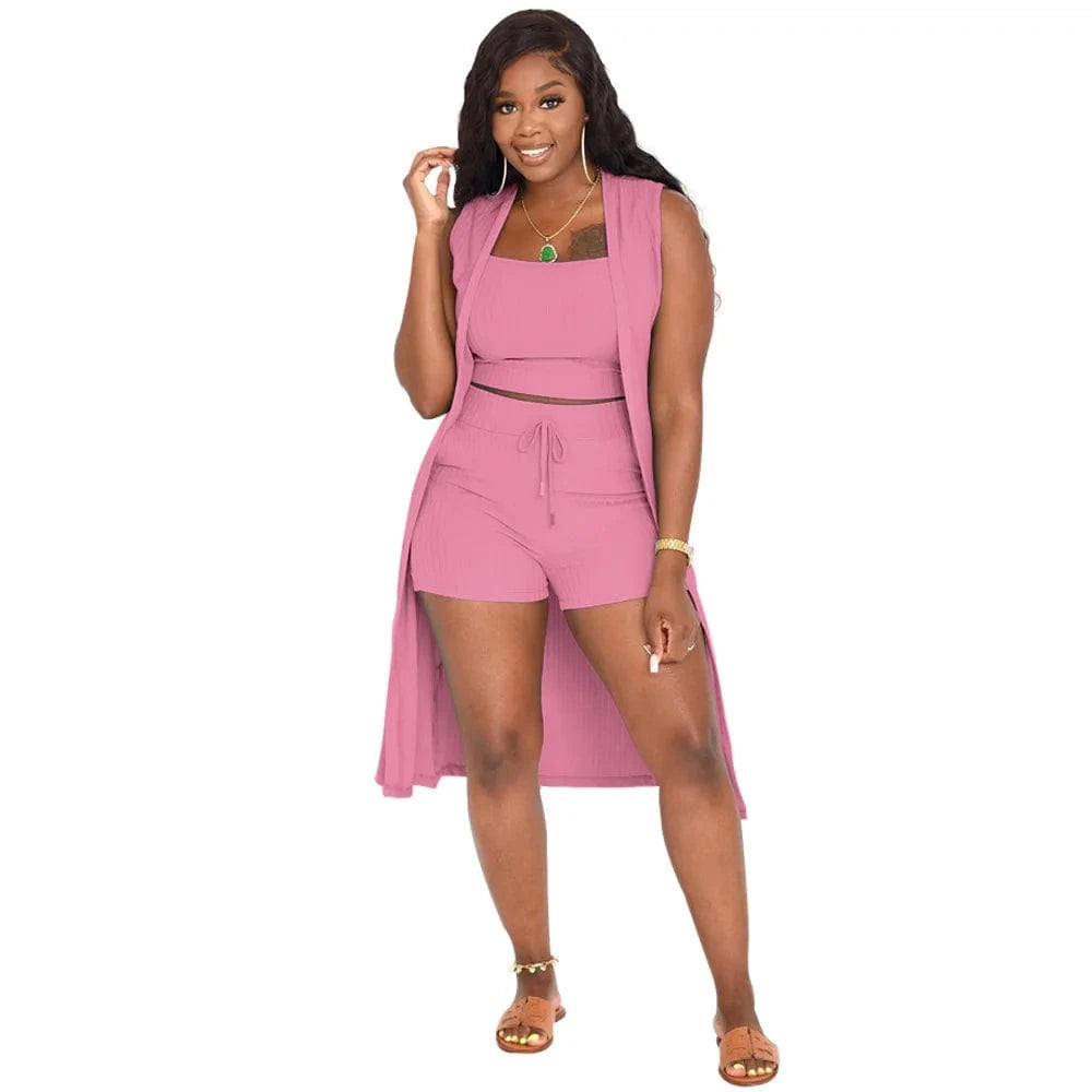 DAMOCHIC Wholesale Women Set Ribbed Crop Tops Shorts Suit Ladies African Clothing 3 Piece Set Women Cardigan Summer Set 2023