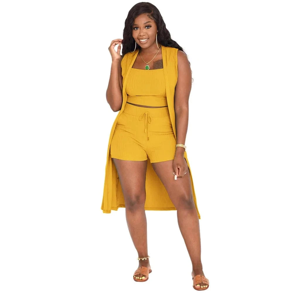 DAMOCHIC Wholesale Women Set Ribbed Crop Tops Shorts Suit Ladies African Clothing 3 Piece Set Women Cardigan Summer Set 2023