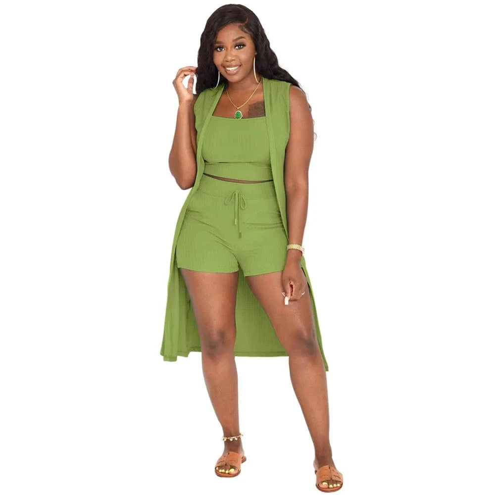 DAMOCHIC Wholesale Women Set Ribbed Crop Tops Shorts Suit Ladies African Clothing 3 Piece Set Women Cardigan Summer Set 2023