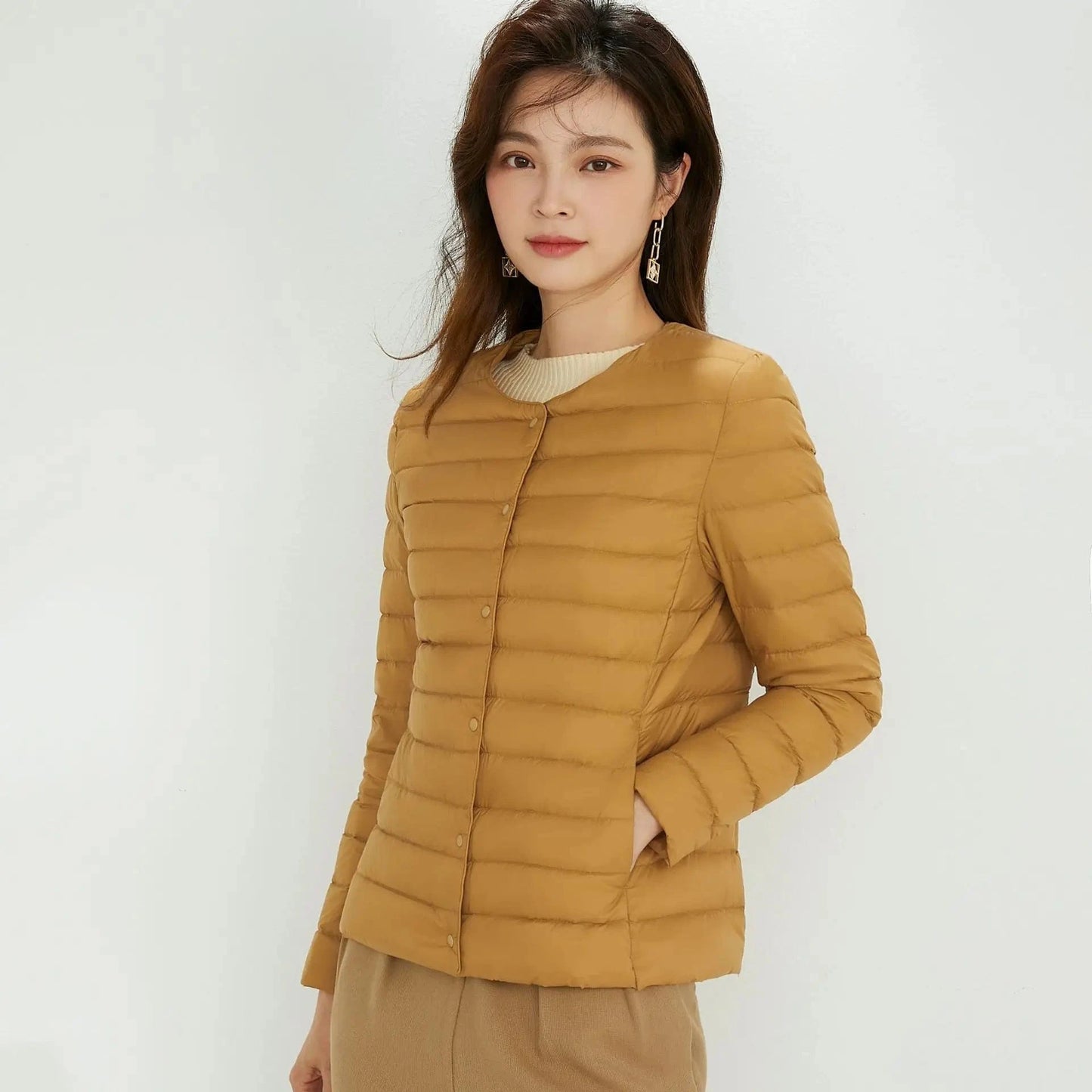 DAMOCHIC Winter 90% Filled Duck Down Coat Solid Color 2023 Women's Round Neck Long Sleeve Light Down Jacket Plus Size Coat Woman
