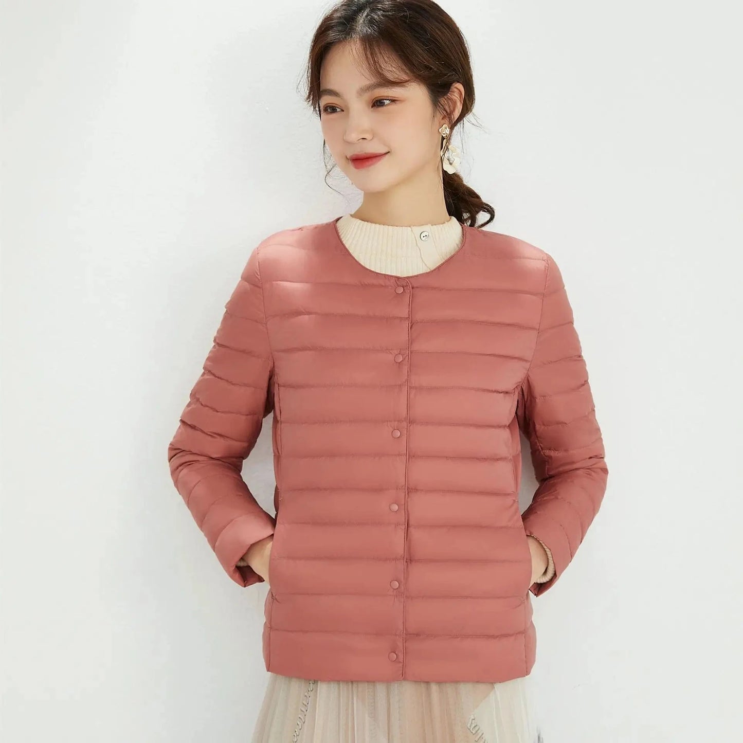 DAMOCHIC Winter 90% Filled Duck Down Coat Solid Color 2023 Women's Round Neck Long Sleeve Light Down Jacket Plus Size Coat Woman