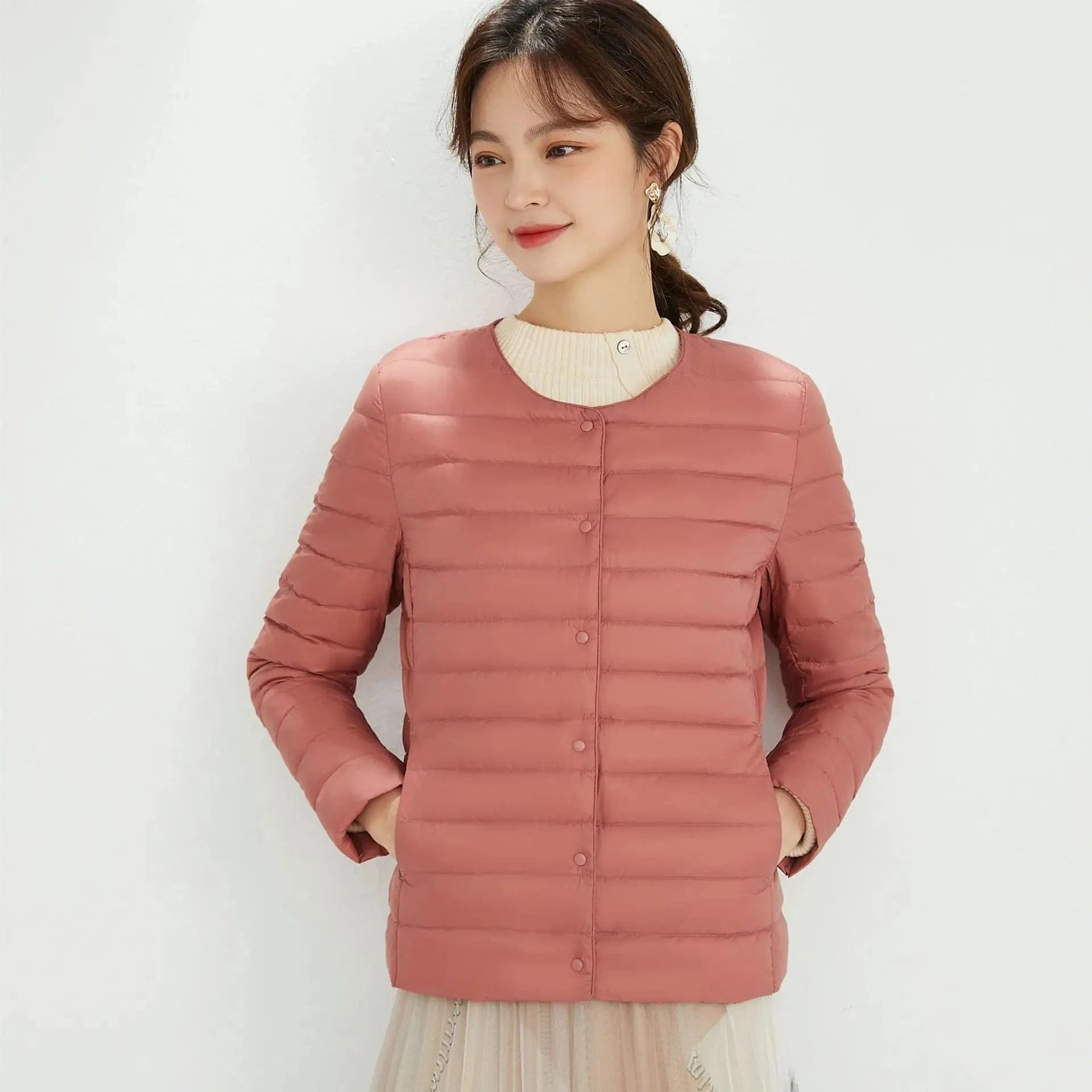 DAMOCHIC Winter 90% Filled Duck Down Coat Solid Color 2023 Women's Round Neck Long Sleeve Light Down Jacket Plus Size Coat Woman