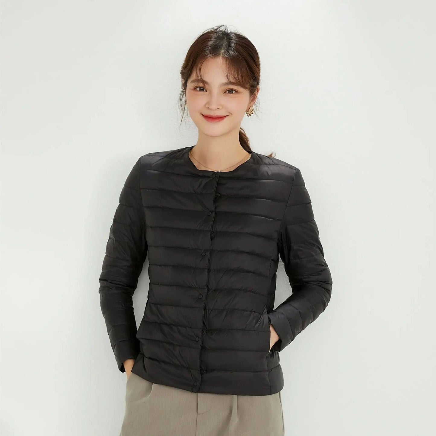 DAMOCHIC Winter 90% Filled Duck Down Coat Solid Color 2023 Women's Round Neck Long Sleeve Light Down Jacket Plus Size Coat Woman