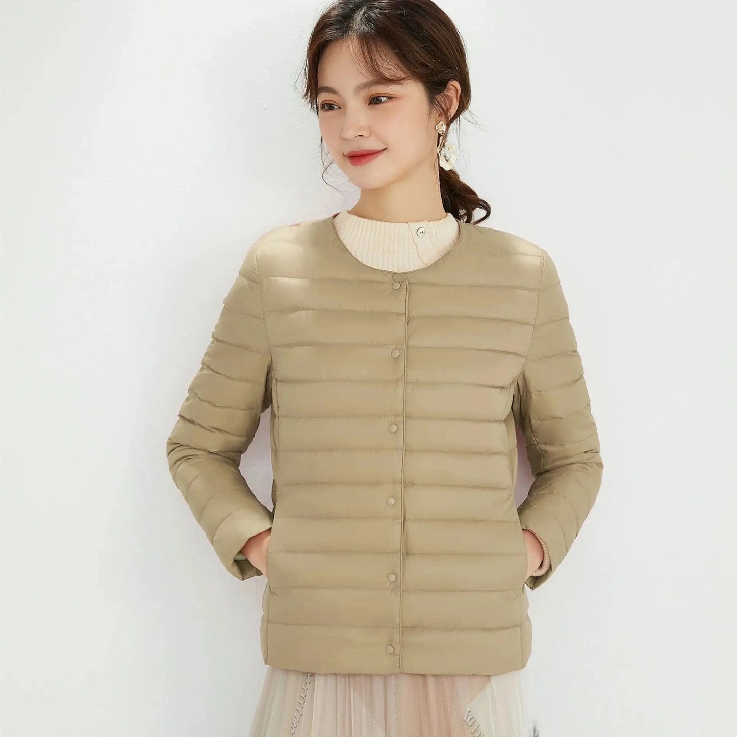 DAMOCHIC Winter 90% Filled Duck Down Coat Solid Color 2023 Women's Round Neck Long Sleeve Light Down Jacket Plus Size Coat Woman