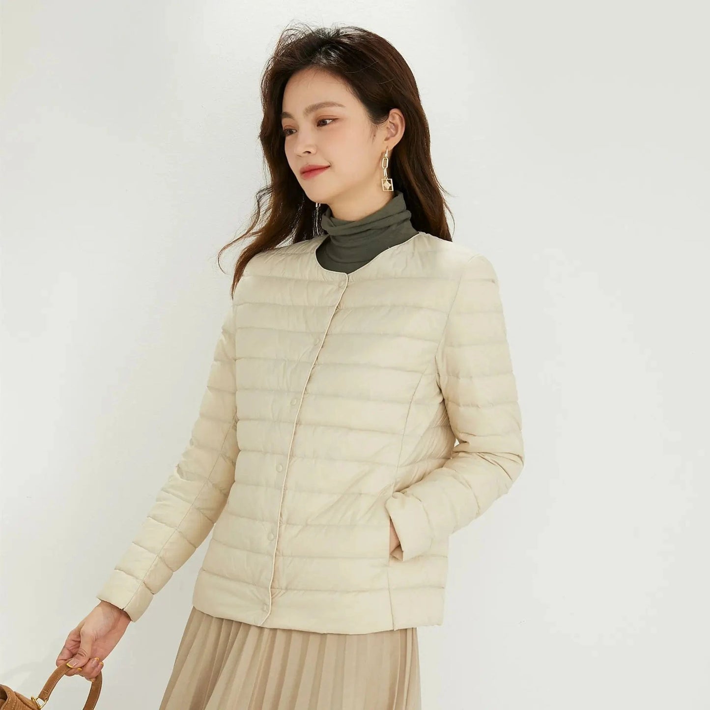 DAMOCHIC Winter 90% Filled Duck Down Coat Solid Color 2023 Women's Round Neck Long Sleeve Light Down Jacket Plus Size Coat Woman