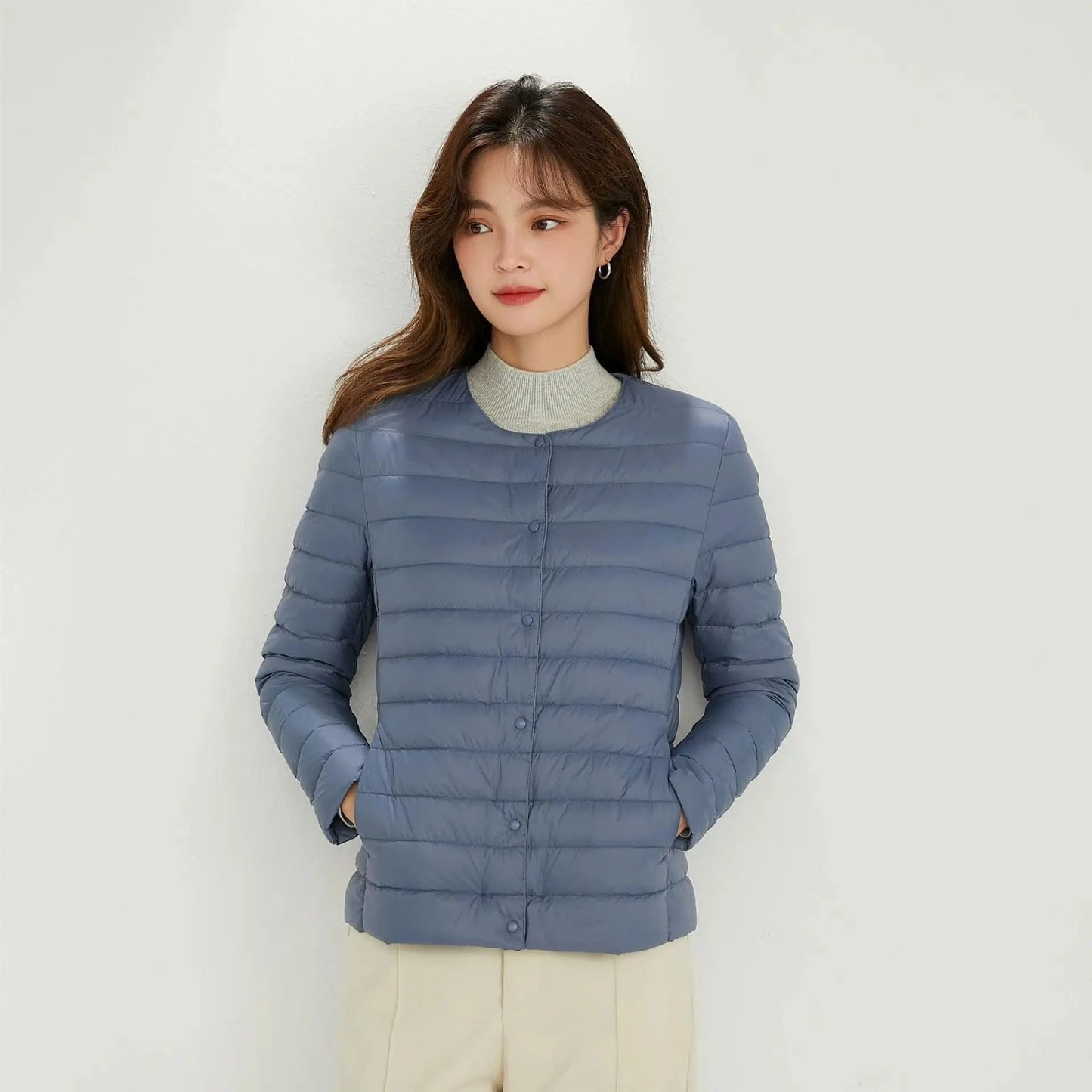 DAMOCHIC Winter 90% Filled Duck Down Coat Solid Color 2023 Women's Round Neck Long Sleeve Light Down Jacket Plus Size Coat Woman