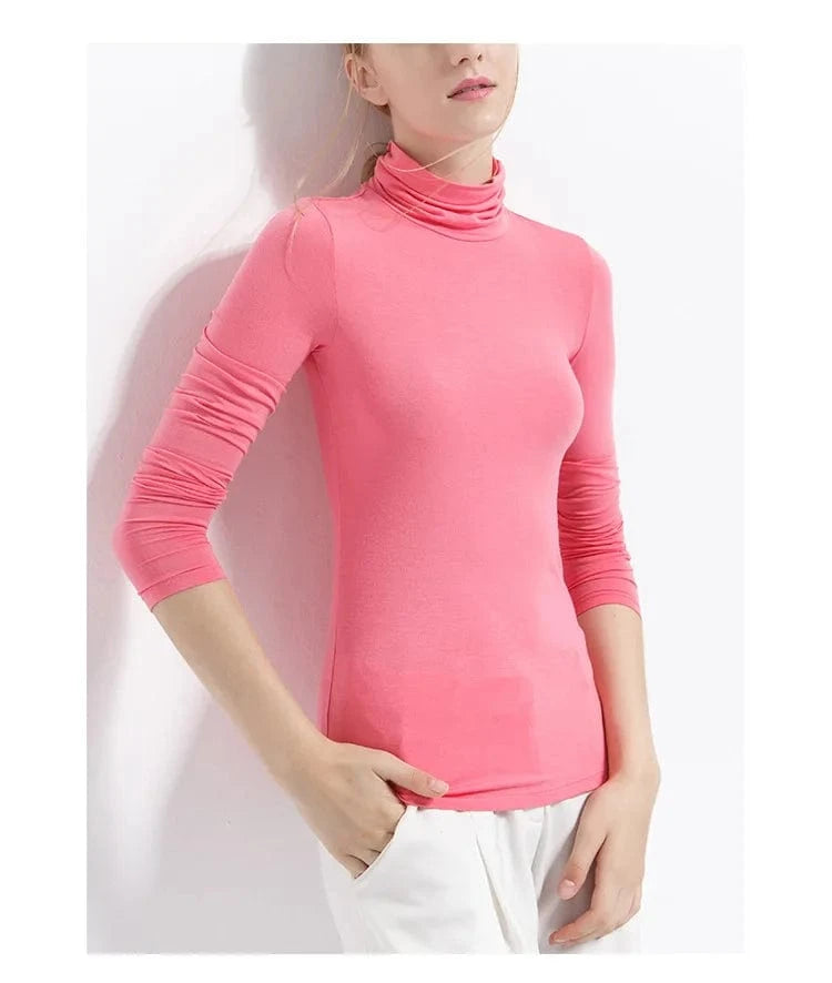 DAMOCHIC Winter Basic T Shirt Slim Fit Stretch Solid Color Fall Tops Long Sleeve Plus Soft Smooth Modal Turtleneck T Shirt Women