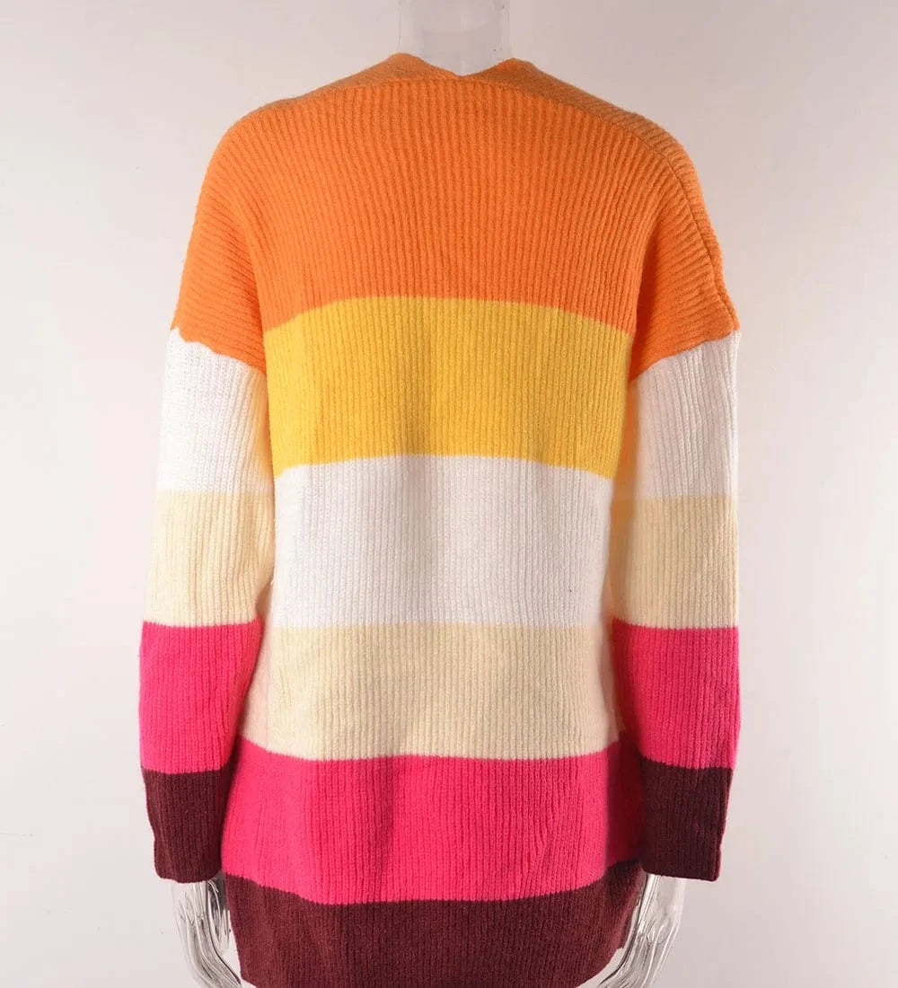 DAMOCHIC Winter New Mid Length Stitching Loose Knit Jacket Women Fashion Color Blocking Long Sleeve Cardigan Streetwear Sweater