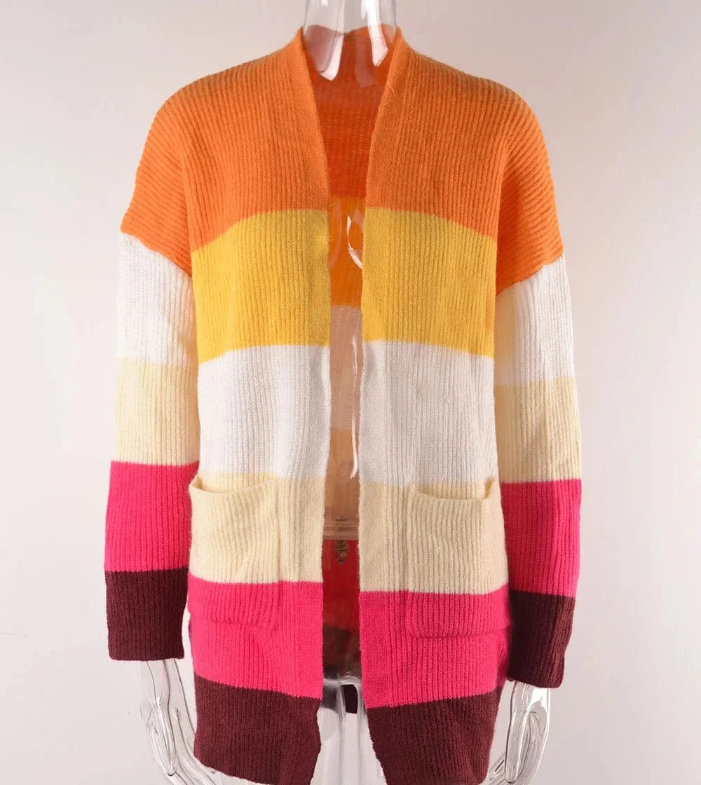 DAMOCHIC Winter New Mid Length Stitching Loose Knit Jacket Women Fashion Color Blocking Long Sleeve Cardigan Streetwear Sweater