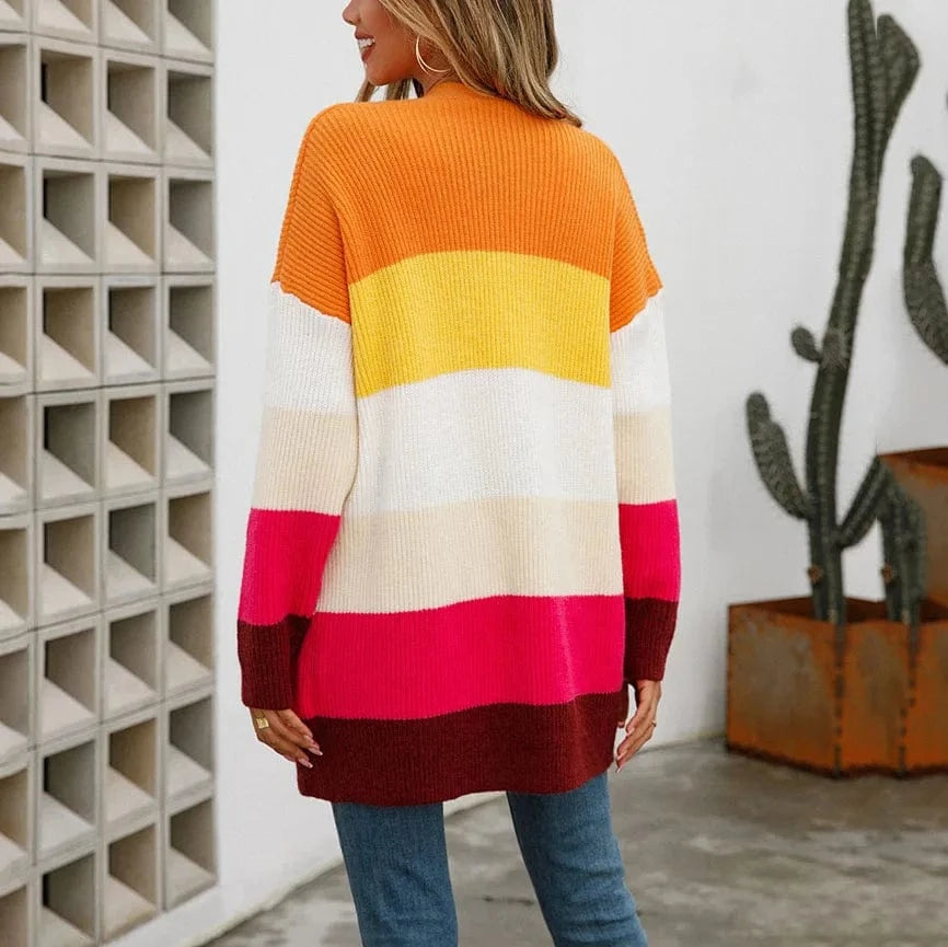 DAMOCHIC Winter New Mid Length Stitching Loose Knit Jacket Women Fashion Color Blocking Long Sleeve Cardigan Streetwear Sweater