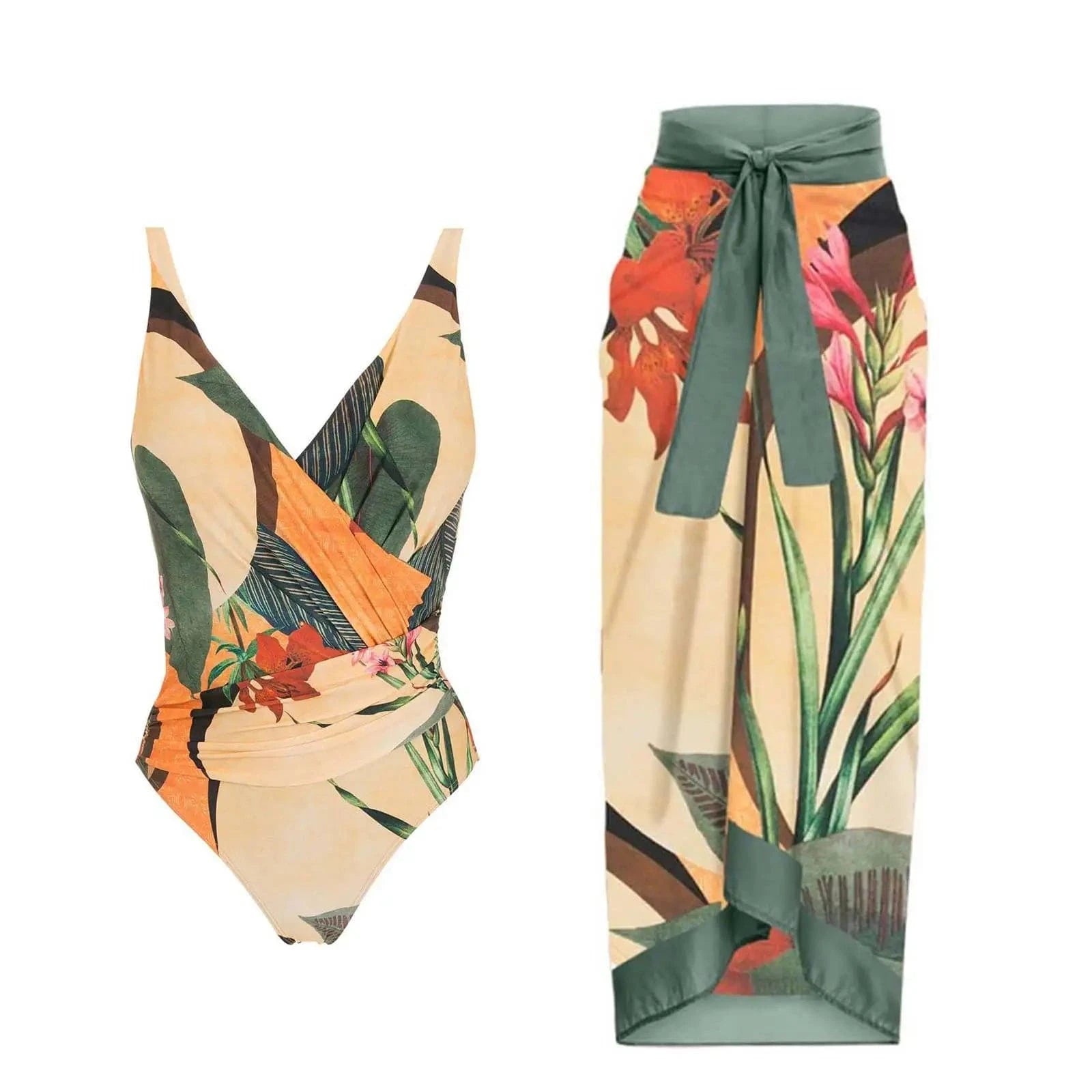 DAMOCHIC Womens 1 Piece Swimsuit and 1 Piece Cover Up Two Piece Vintage Printed Backless Sexy Bathing Suit Beach Skirt 2023