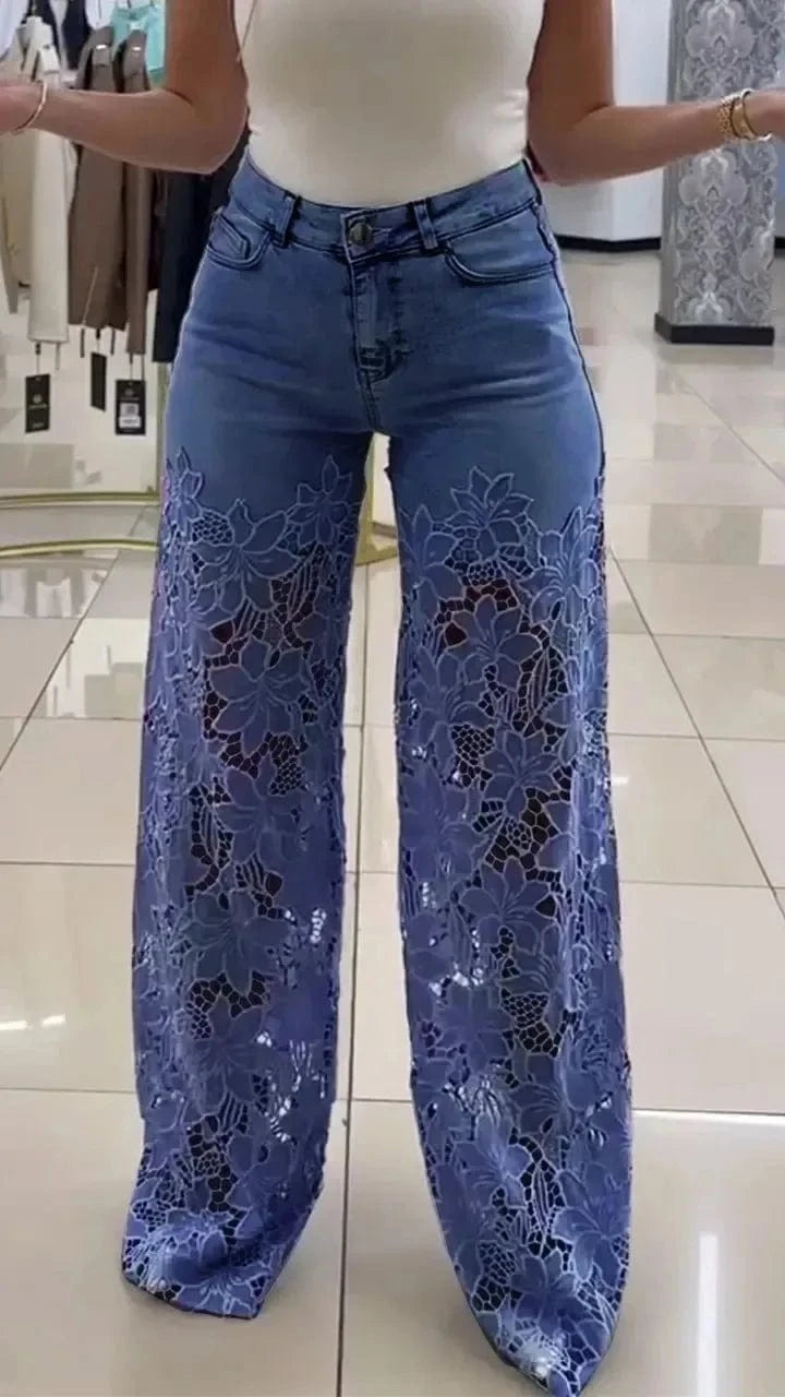 Dark Blue / M Women's Spring Summer Fashion Hollow Out Lace Splicing Denim Drape Pants Full Length Trousers