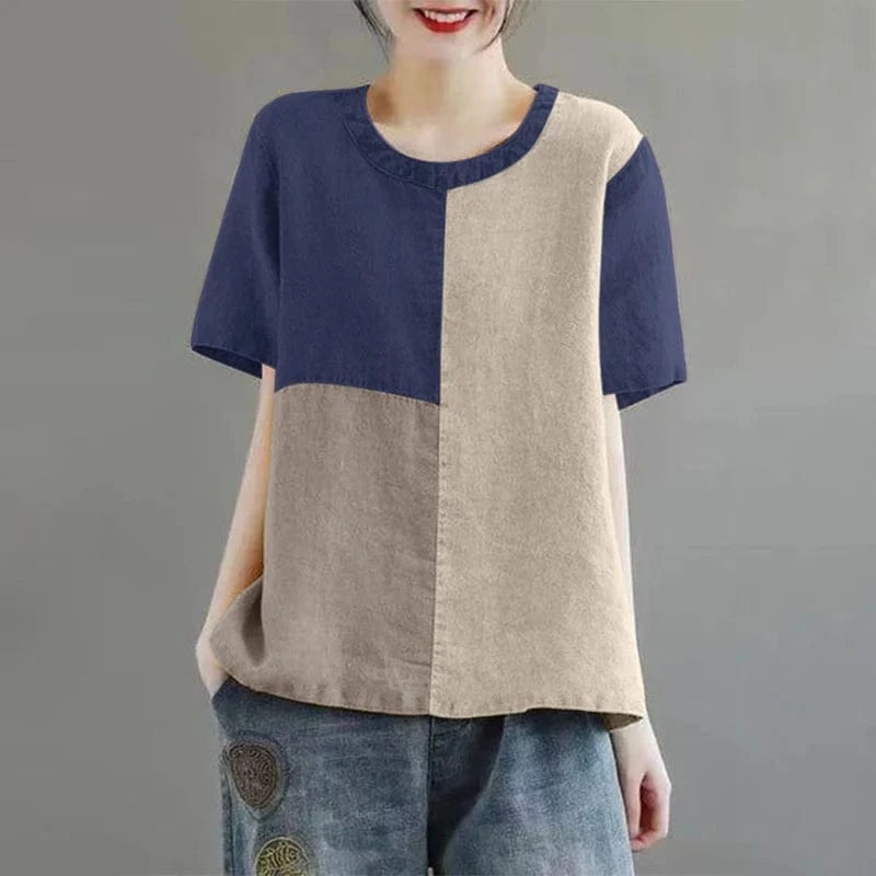 Dark Blue / M ZANZEA Women Patchwork Blouse 2024 Summer Short Sleeve Tunics Fashion Round Neck Shirts Casual Loose Holiday Cotton Linen Tops
