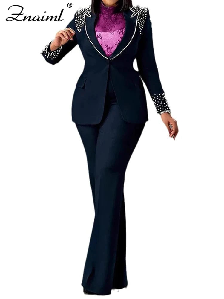 dark blue sets / XXXL Znaiml Elegant Formal Office Lady Two 2 Pieces Women Clothing Pearls Blazer Coat and Straight Pants Work Business Matching Sets