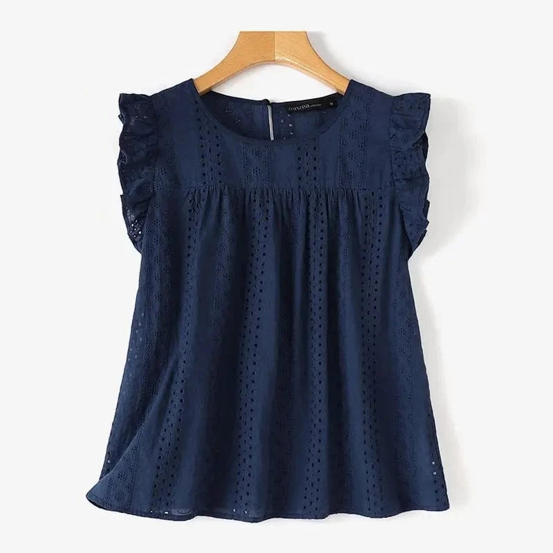 Dark Blue / XXXL ZANZEA Summer Korean Lace Cotton Vest Women White Cap Sleeve Tanks Blouse Fashion Hollow Out Ruffle Camis Sweety O-neck Tank Top
