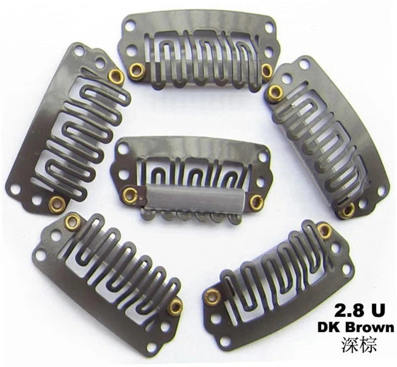 Dark brown 1000pcs 28mm Blonde/Brown/Black Silicone Hair Extension Wig Comb Clip 6 Teeth U-Shaped Metal Clip for Wig Making