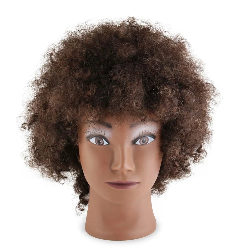 Dark Brown# / 8 Inches Professional 100% Human Hair Hairdressing Afro Training Head Barber Braiding Practice Mannequin Doll Head with Natural Hair
